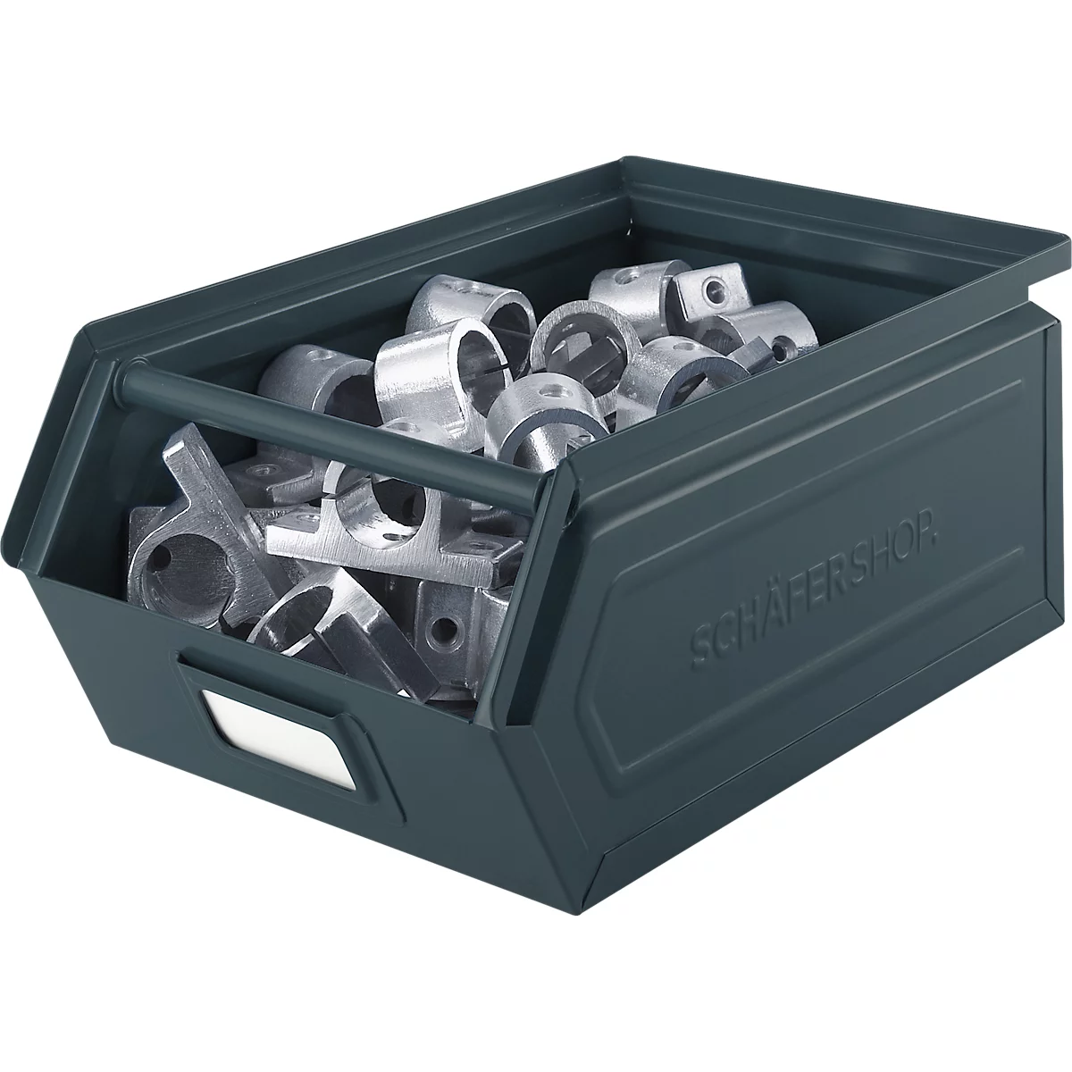 Schäfer Shop Select magazijnbak met open voorzijde en draagbeugel, staal, L 357 x B 211 x H 145 mm, 8,5 l, 60 kg, RAL 5008 (grijsblauw)