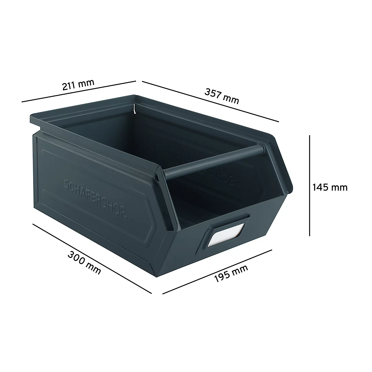 Schäfer Shop Select magazijnbak met open voorzijde en draagbeugel, staal, L 357 x B 211 x H 145 mm, 8,5 l, 60 kg, RAL 5008 (grijsblauw)