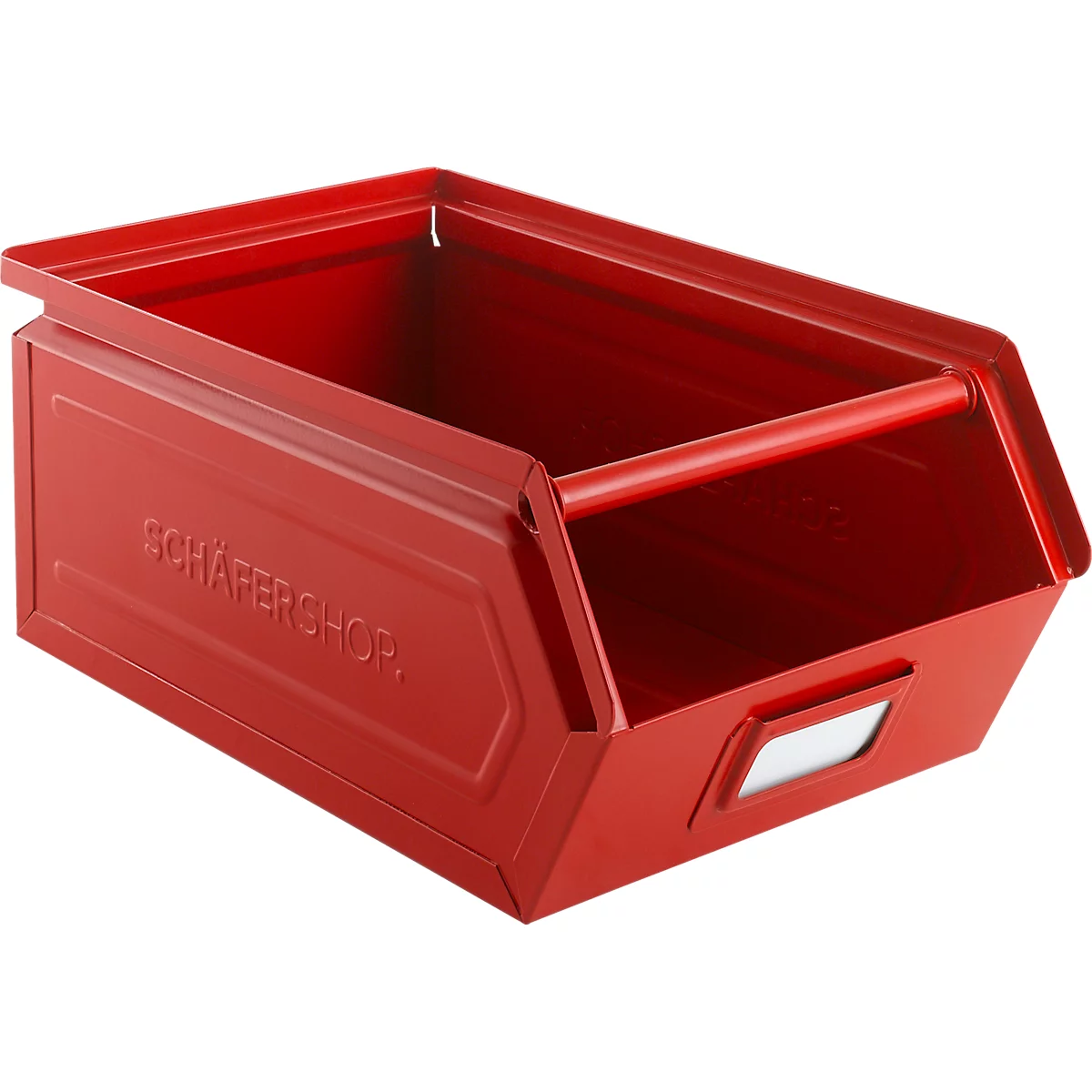 Schäfer Shop Select magazijnbak met open voorzijde en draagbeugel, staal, L 358 x B 211 x H 145 mm, 8,5 l, 60 kg, RAL 3000 (vuurrood)