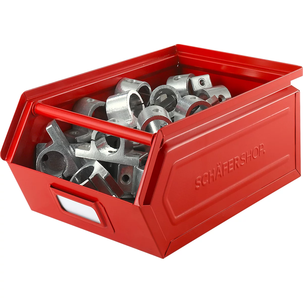 Schäfer Shop Select magazijnbak met open voorzijde en draagbeugel, staal, L 358 x B 211 x H 145 mm, 8,5 l, 60 kg, RAL 3000 (vuurrood)