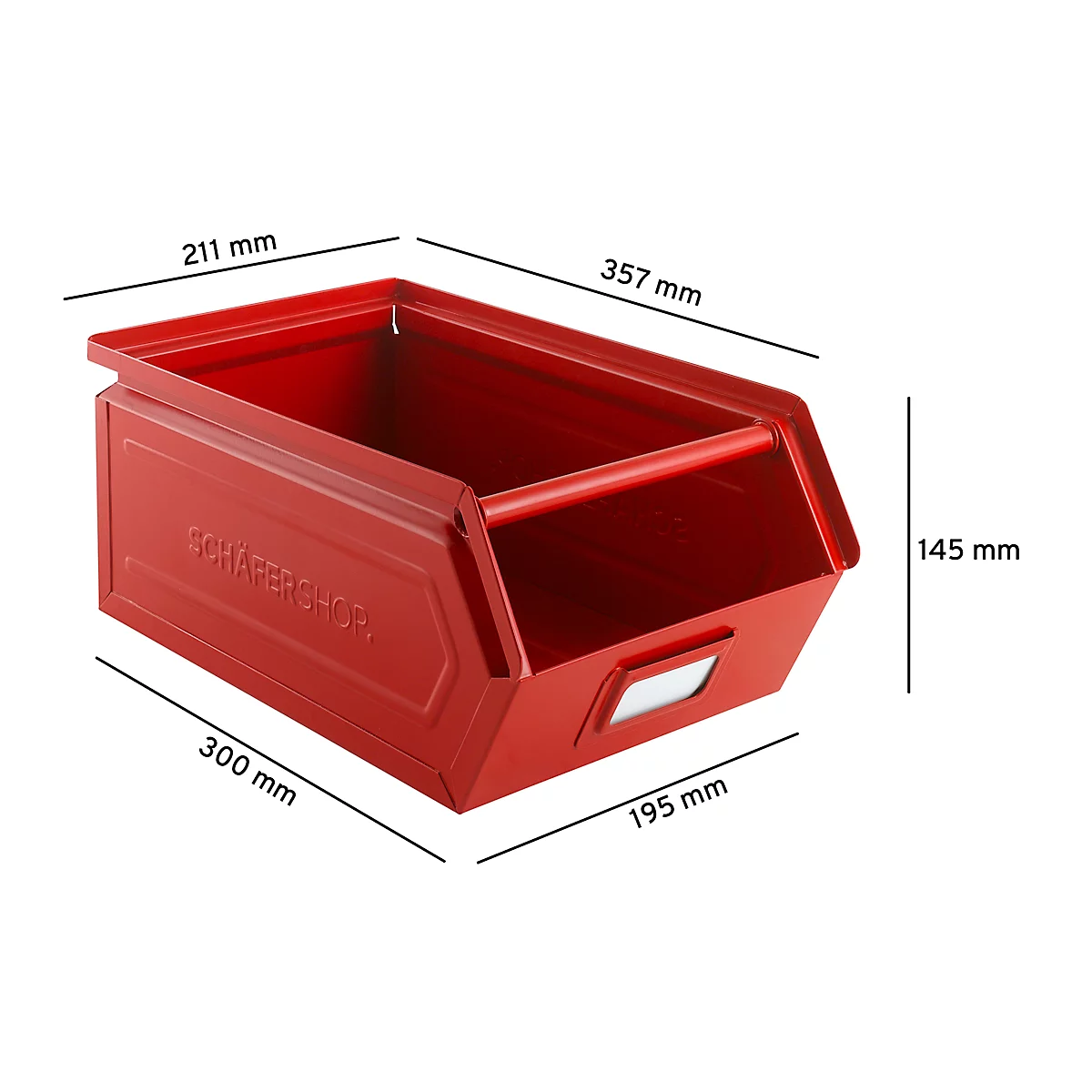 Schäfer Shop Select magazijnbak met open voorzijde en draagbeugel, staal, L 358 x B 211 x H 145 mm, 8,5 l, 60 kg, RAL 3000 (vuurrood)