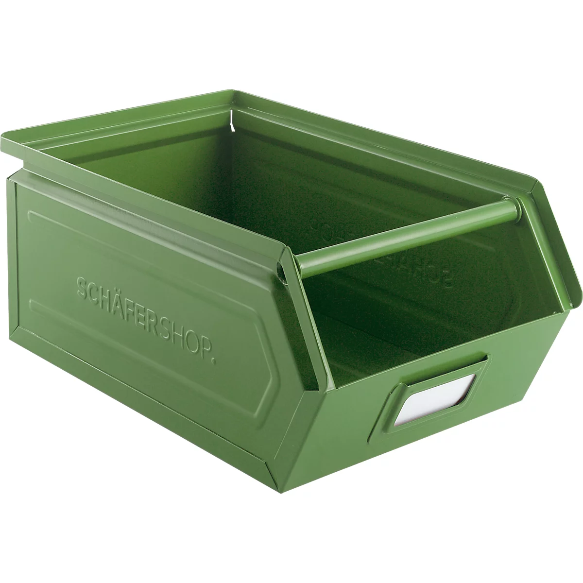Schäfer Shop Select magazijnbak met open voorzijde en draagbeugel, staal, L 360 x B 211 x H 145 mm, 8,5 l, 60 kg, RAL 6011 (resada groen)
