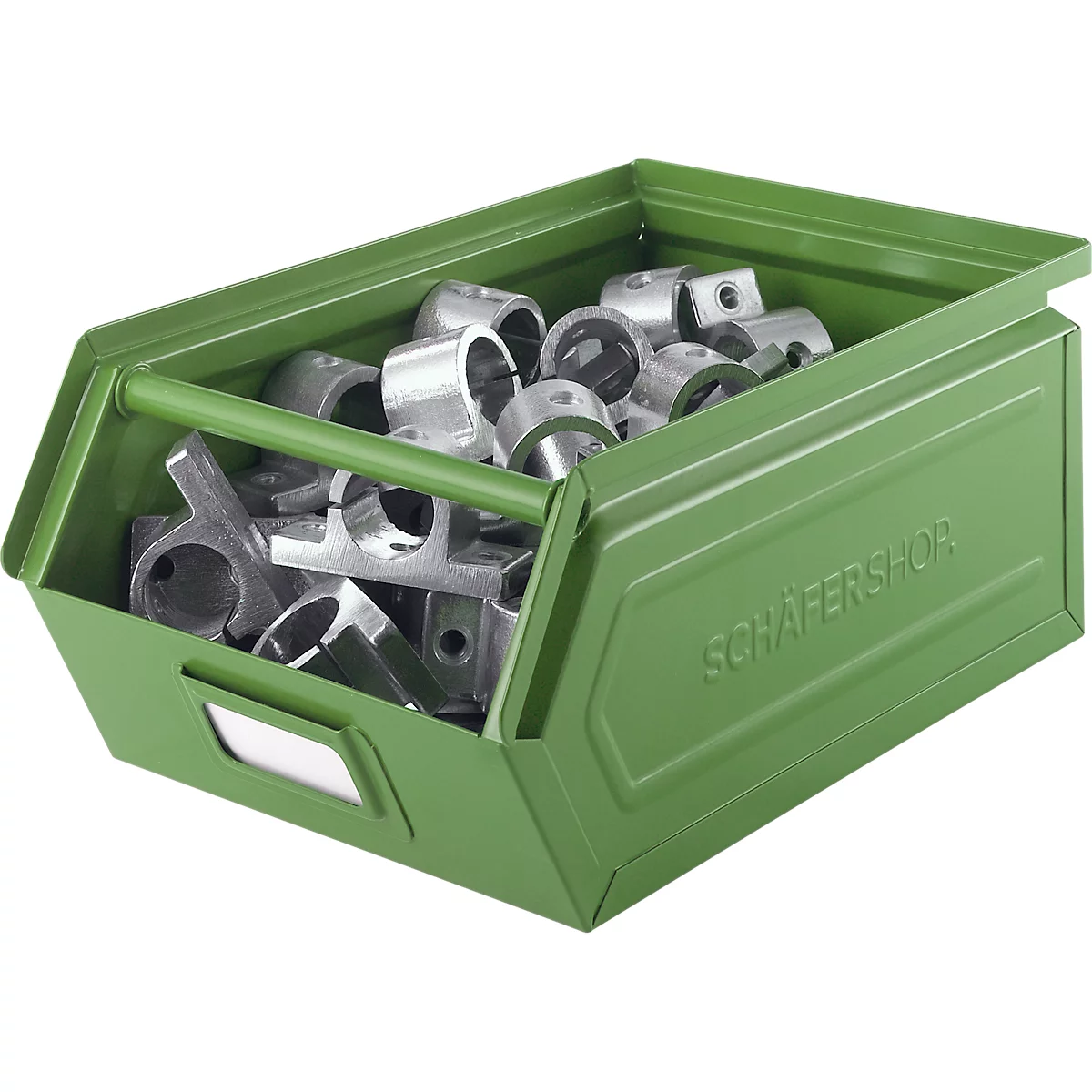 Schäfer Shop Select magazijnbak met open voorzijde en draagbeugel, staal, L 360 x B 211 x H 145 mm, 8,5 l, 60 kg, RAL 6011 (resada groen)