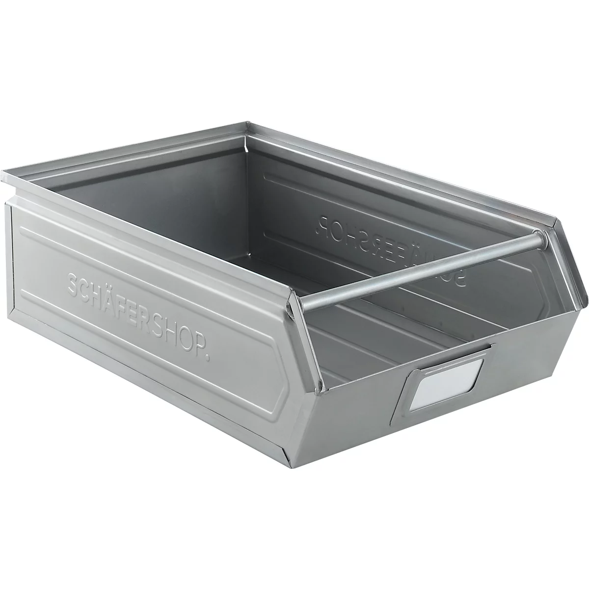 Grijze metalen bak met handvat en label. Opschrift: SCHÄFER SHOP, SO-assortiment.