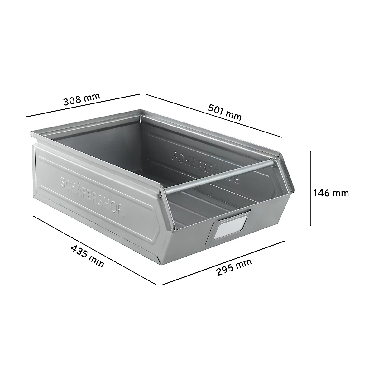 Grijze metalen doos met handgreep en maat specificaties. Afmetingen: 308x501x435x295x146 mm. Opschrift: SCHÄFER + Co.GR.