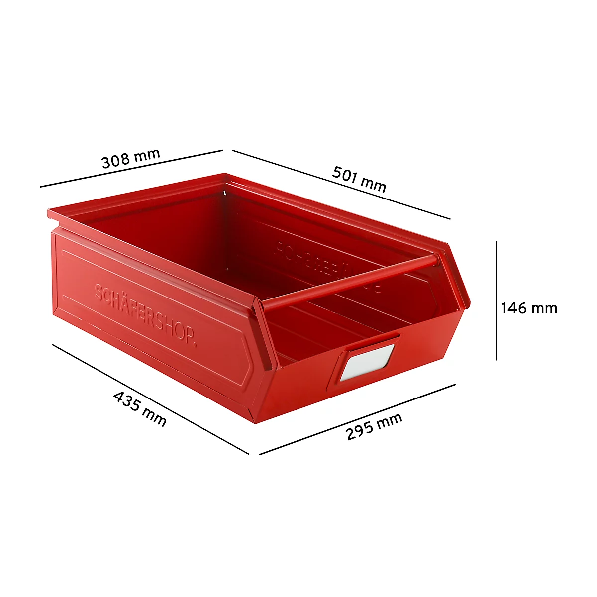 Schäfer Shop Select magazijnbak met open voorzijde, met draagbeugel, 18,5 l, 80 kg, L 501 x B 308 x H 146 mm, staal, RAL 3000 (vuurrood)