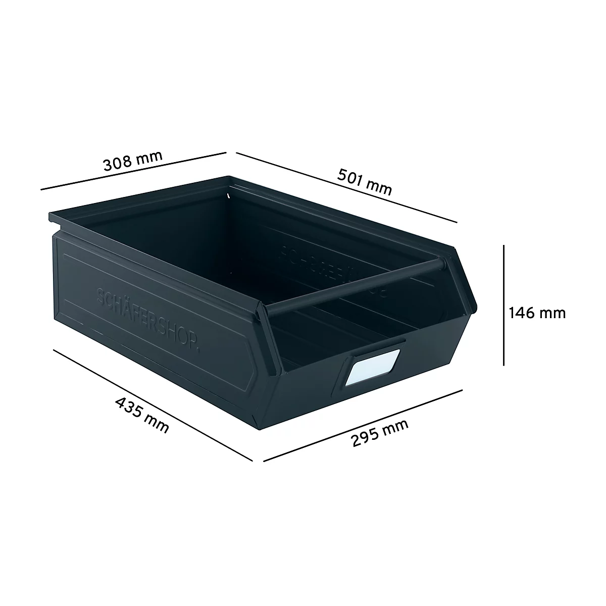 Schäfer Shop Select magazijnbak met open voorzijde, met draagbeugel, 18,5 l, 80 kg, L 501 x B 308 x H 146 mm, staal, RAL 5008 (grijsblauw)