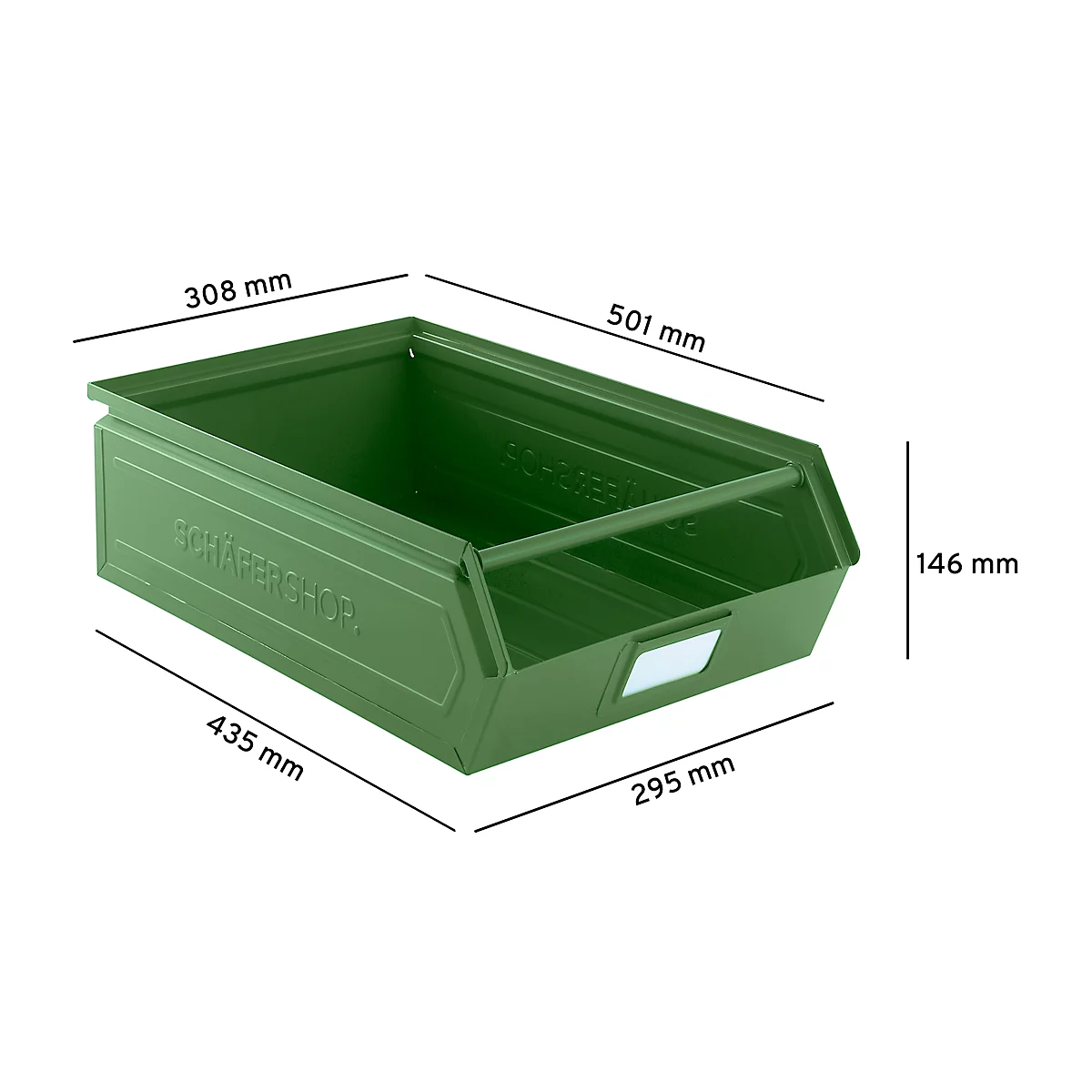 Schäfer Shop Select magazijnbak met open voorzijde, met draagbeugel, 18,5 l, 80 kg, L 501 x B 308 x H 146 mm, staal, RAL 6011 (resada groen)