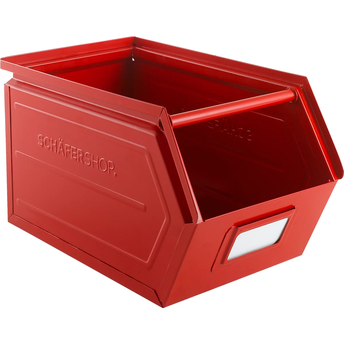 Schäfer Shop Select magazijnbak met open voorzijde, met draagbeugel, L 377 x B 211 x H 201 mm, 11,5 l, 60 kg, staal, RAL 3000 (vuurrood)