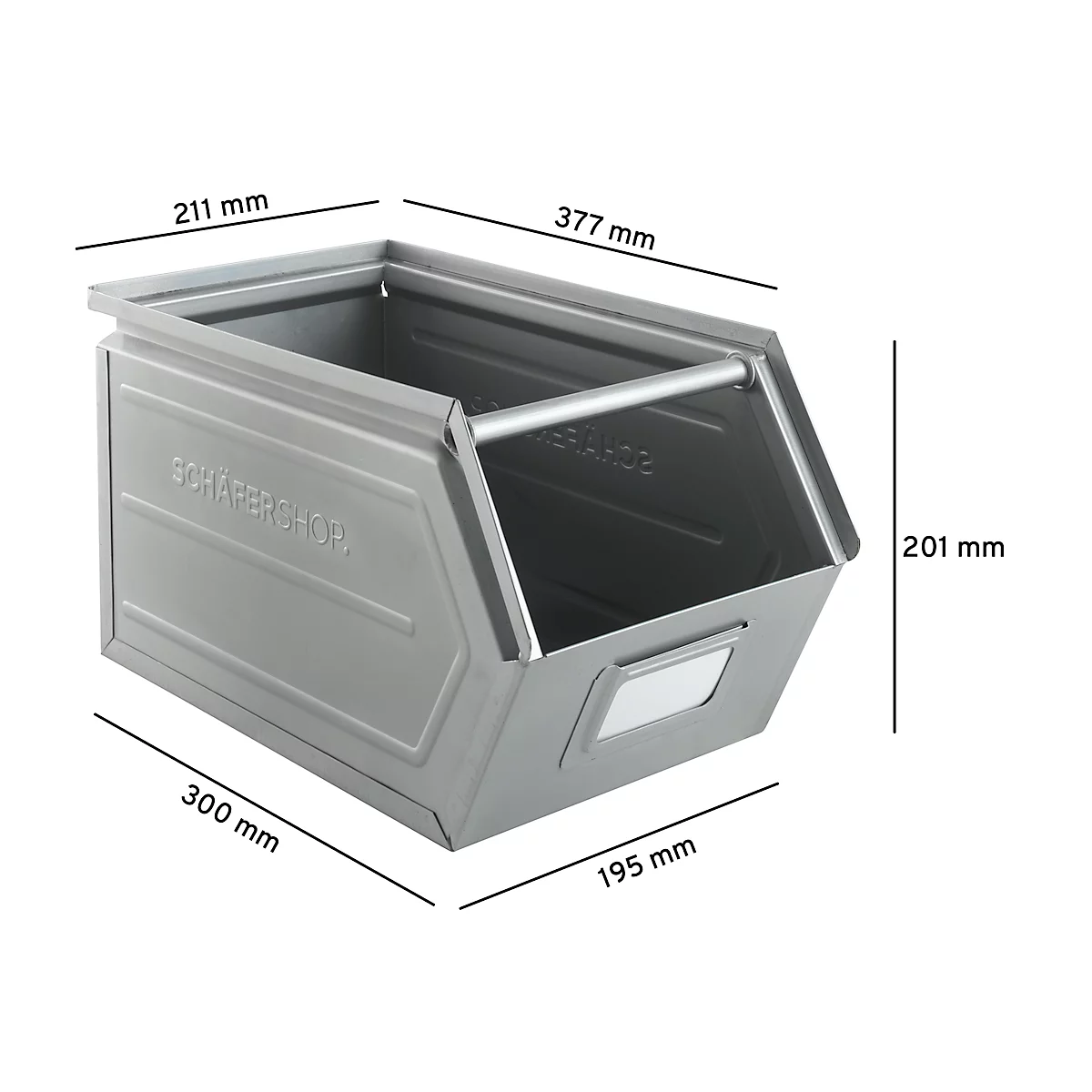 Schäfer Shop Select magazijnbak met open voorzijde, met draagbeugel, L 377 x B 211 x H 201 mm, 11,5 l, 60 kg, staal, verzinkt