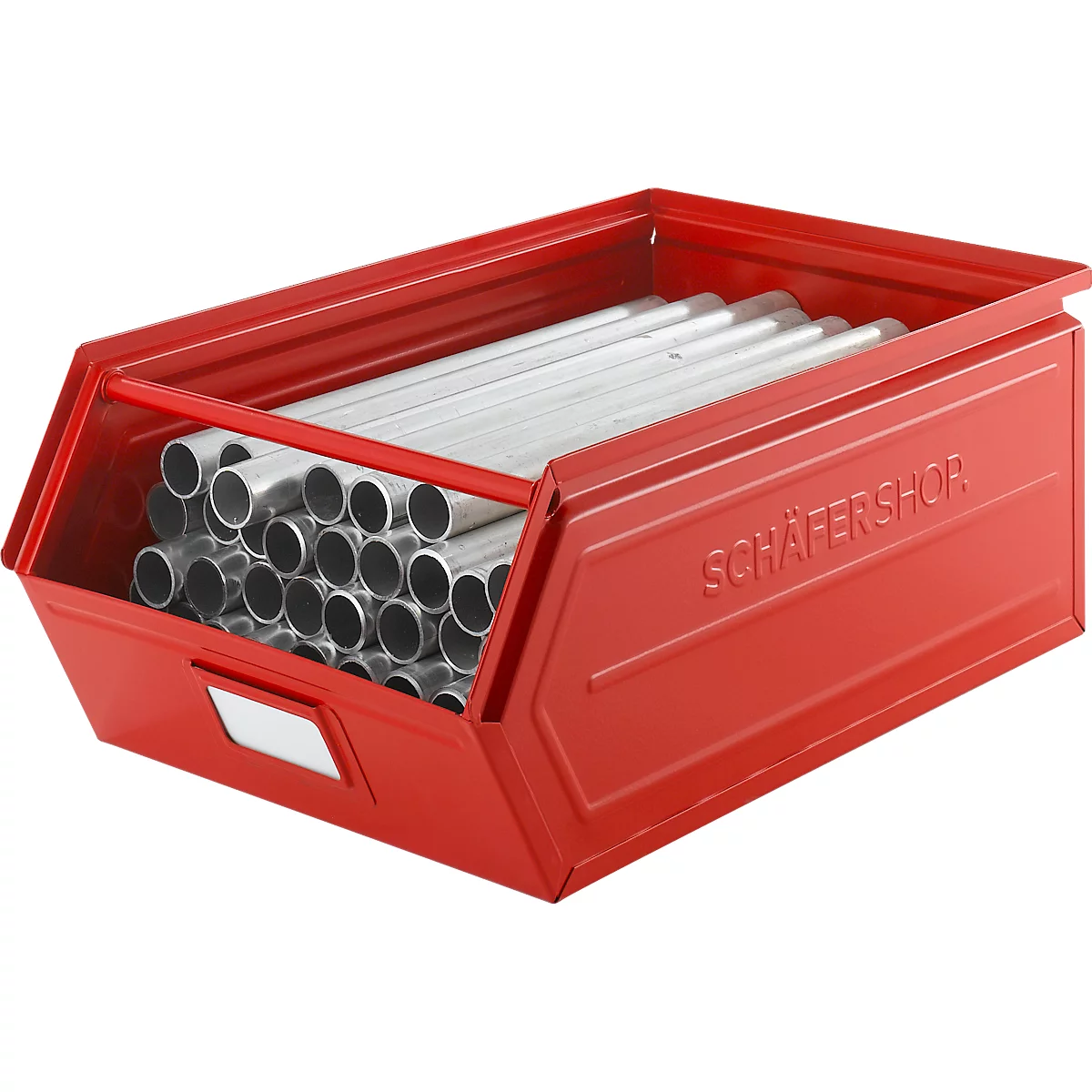 Schäfer Shop Select magazijnbak met open voorzijde, met draagbeugel, L 524 x B 307 x H 201 mm, 26 l, 120 kg, staal, RAL 3000 (vuurrood)
