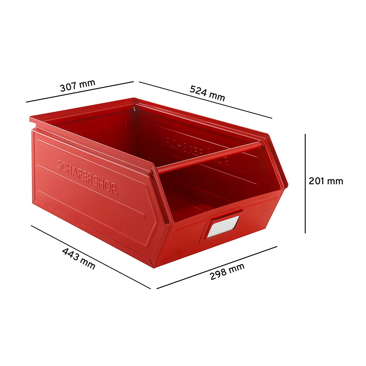 Schäfer Shop Select magazijnbak met open voorzijde, met draagbeugel, L 524 x B 307 x H 201 mm, 26 l, 120 kg, staal, RAL 3000 (vuurrood)