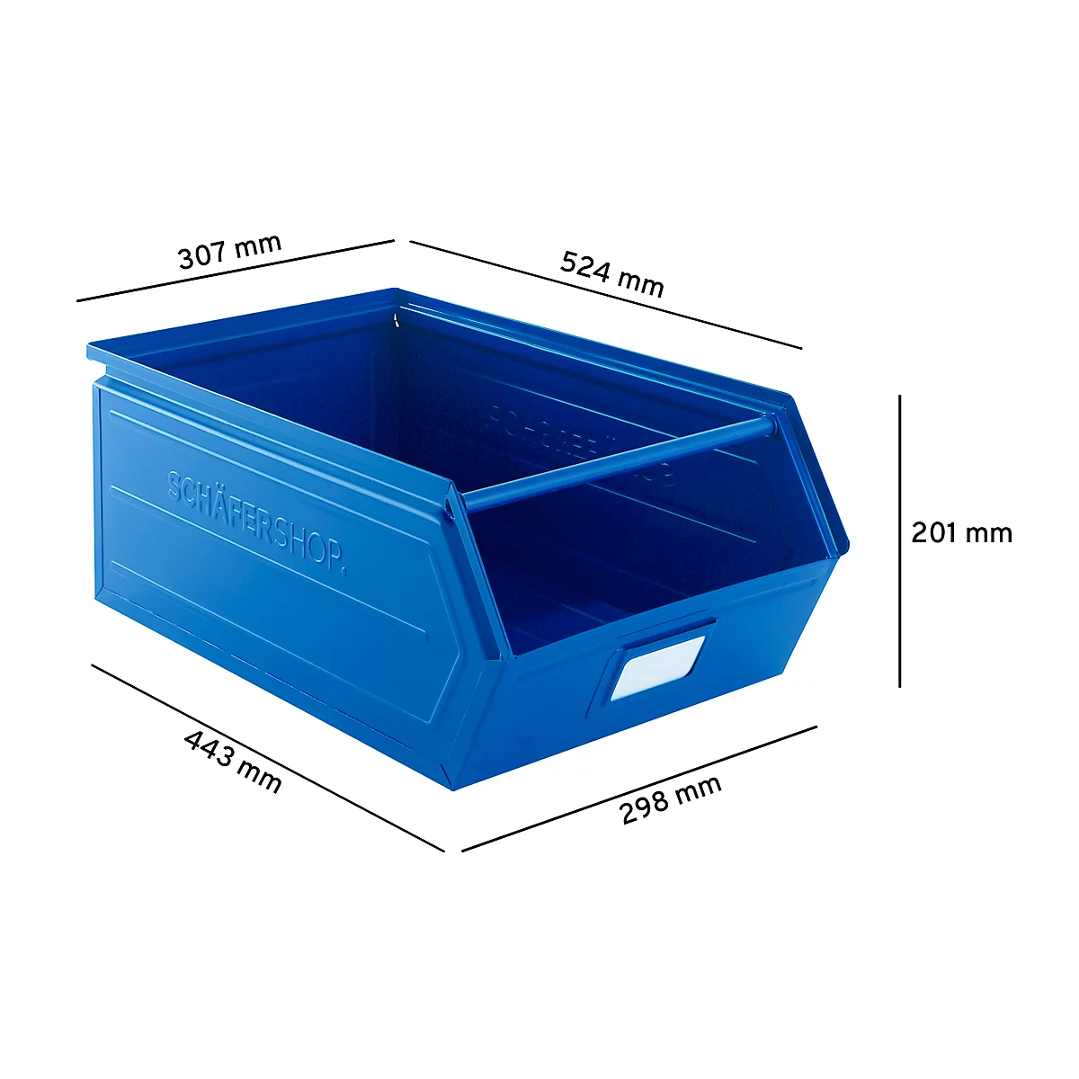 Schäfer Shop Select magazijnbak met open voorzijde, met draagbeugel, L 524 x B 307 x H 201 mm, 26 l, 120 kg, staal, RAL 5015 (hemelsblauw)