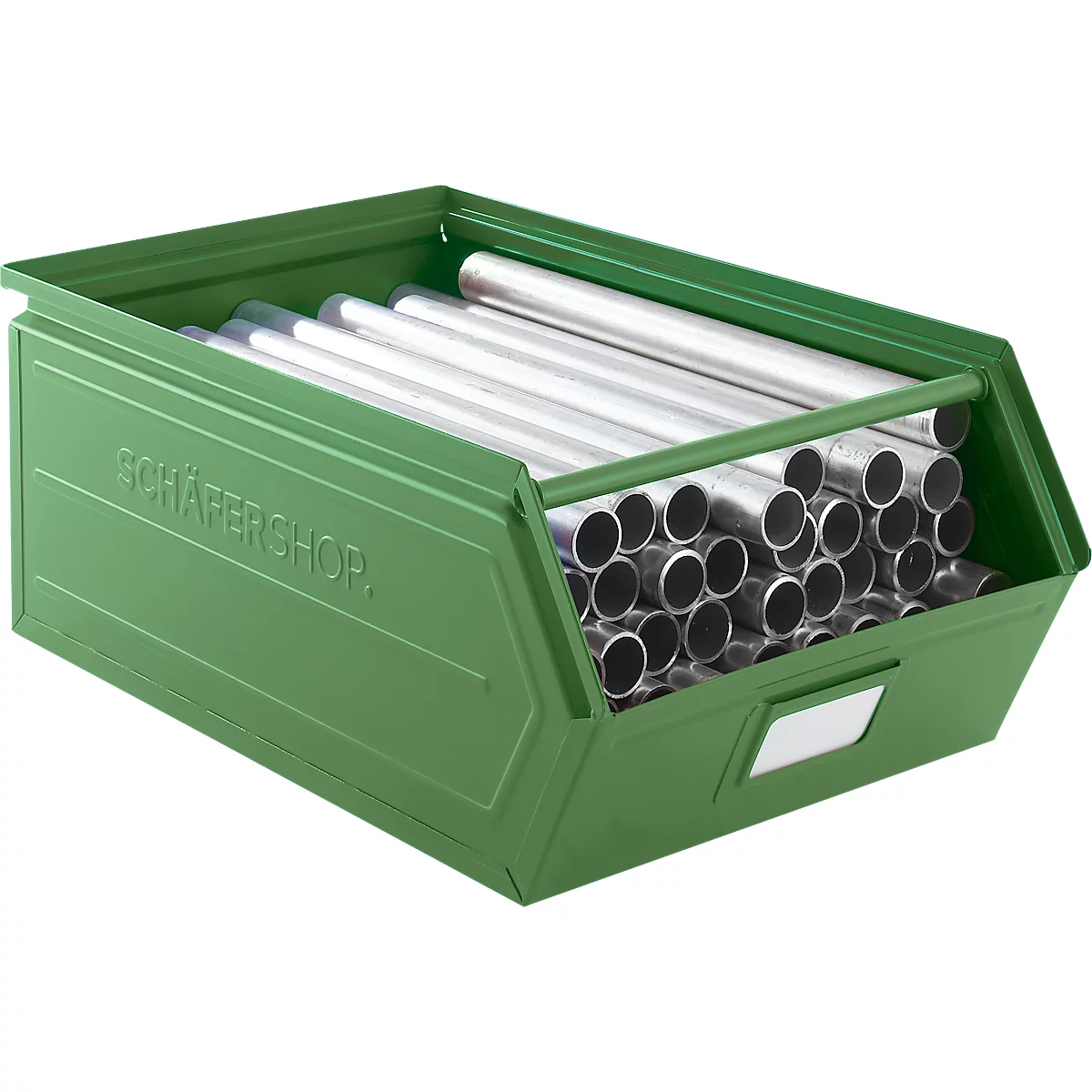 Schäfer Shop Select magazijnbak met open voorzijde, met draagbeugel, L 524 x B 307 x H 201 mm, 26 l, 120 kg, staal, RAL 6011 (resada groen)