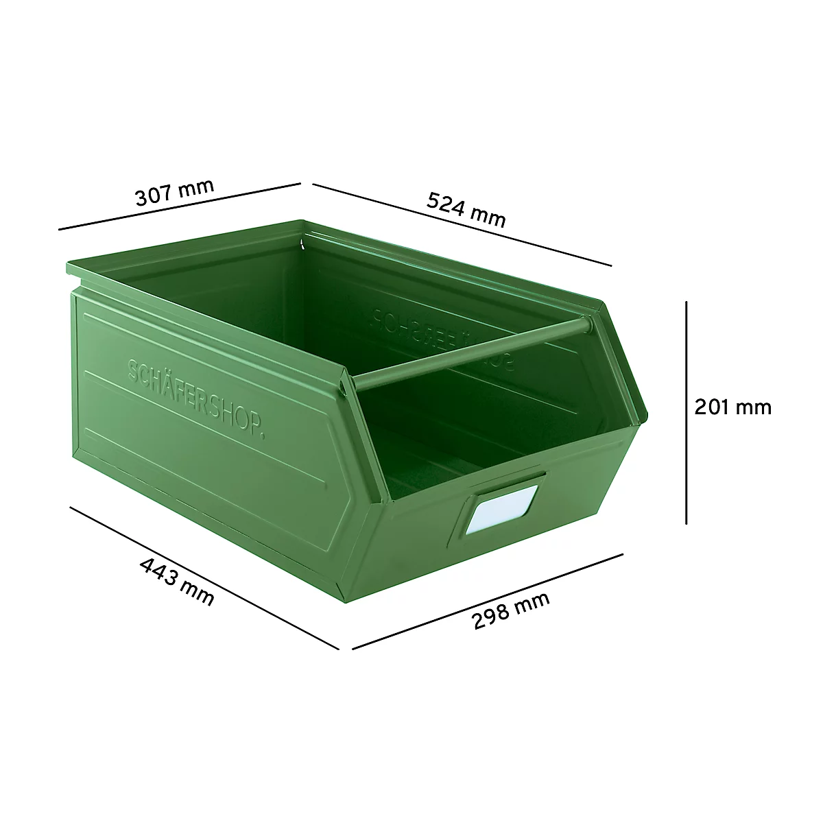Schäfer Shop Select magazijnbak met open voorzijde, met draagbeugel, L 524 x B 307 x H 201 mm, 26 l, 120 kg, staal, RAL 6011 (resada groen)