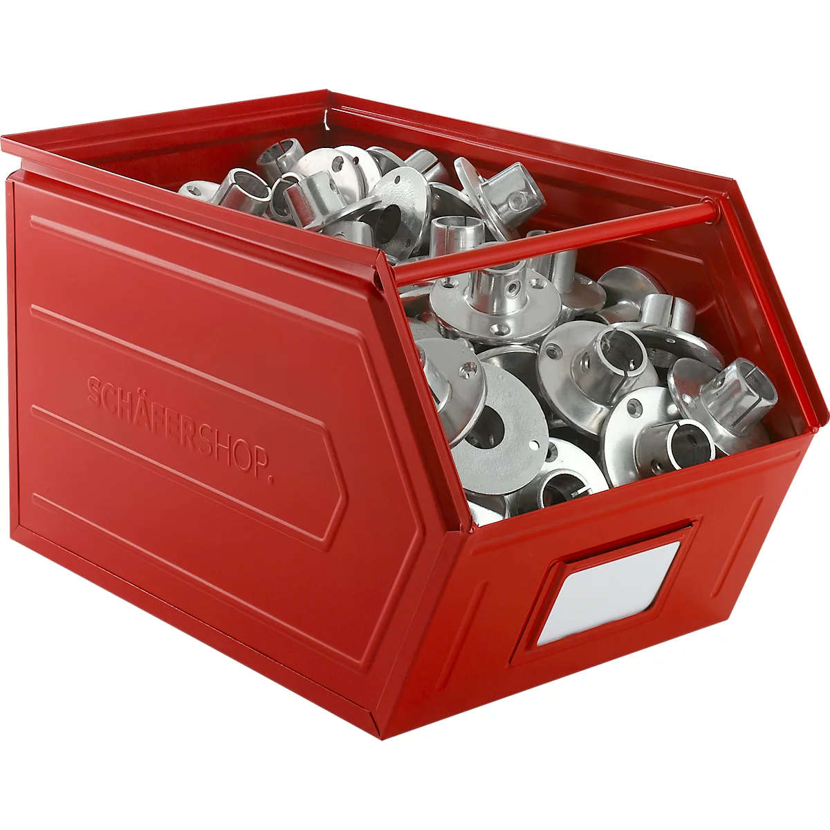 Schäfer Shop Select magazijnbak met open voorzijde, met draagbeugel, L 550 x B 307 x H 298 mm, 40 l, 150 kg, staal, RAL 3000 (vuurrood)