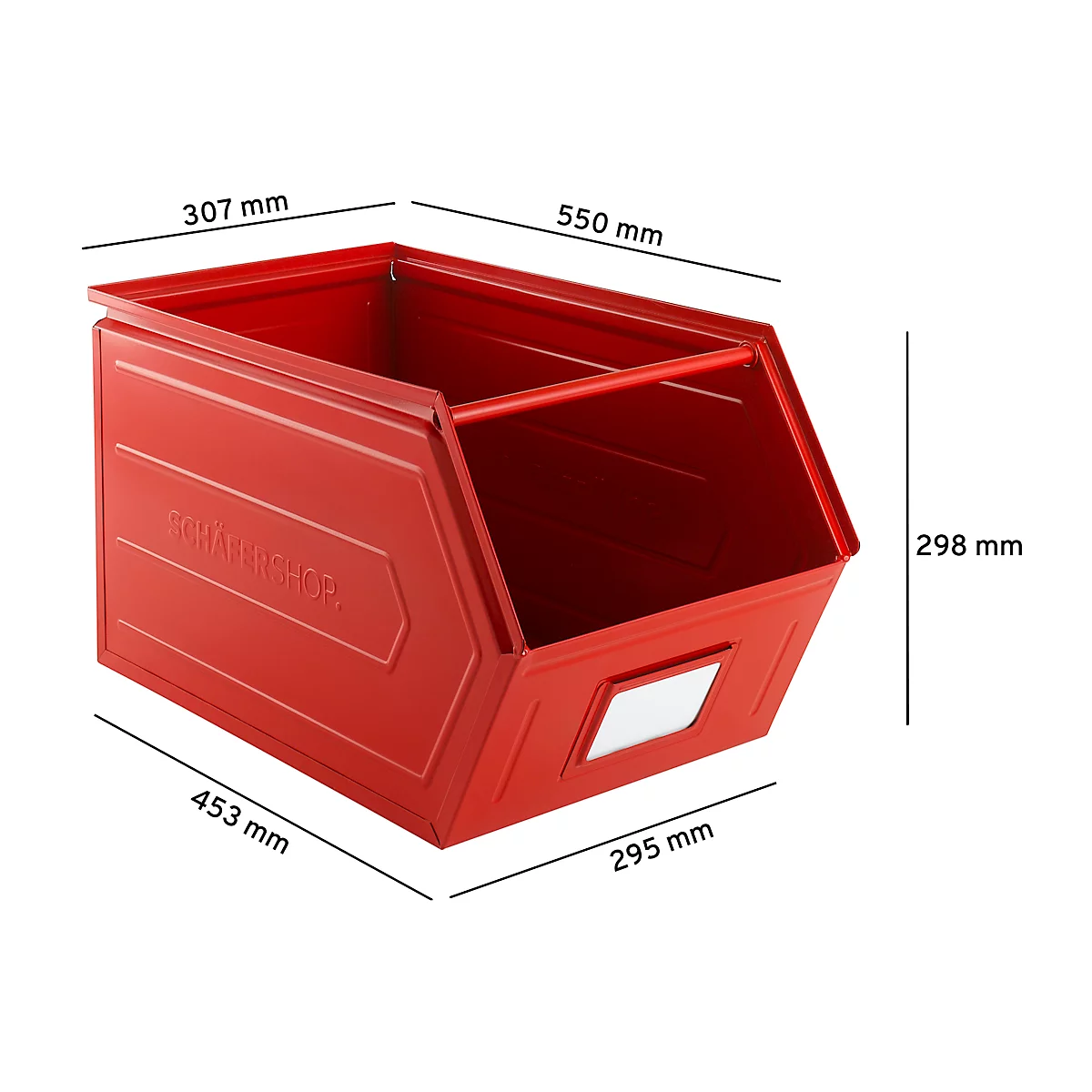 Schäfer Shop Select magazijnbak met open voorzijde, met draagbeugel, L 550 x B 307 x H 298 mm, 40 l, 150 kg, staal, RAL 3000 (vuurrood)