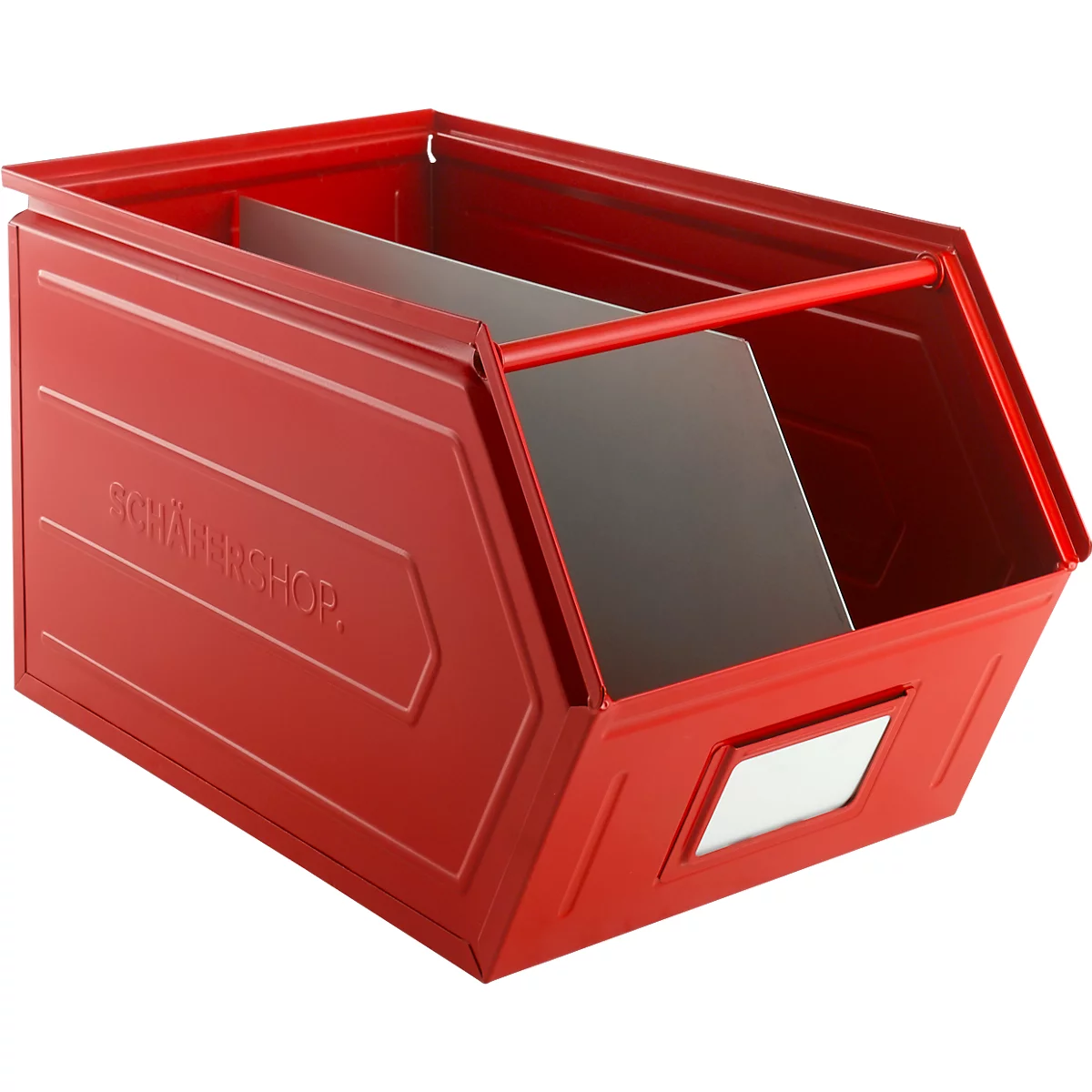 Schäfer Shop Select magazijnbak met open voorzijde, met draagbeugel, L 550 x B 307 x H 298 mm, 40 l, 150 kg, staal, RAL 3000 (vuurrood)
