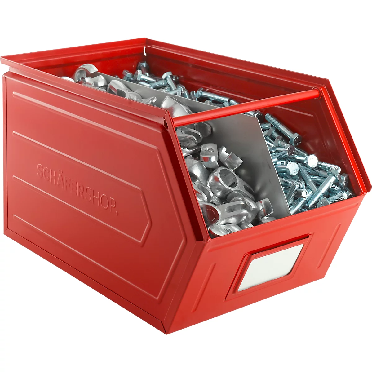 Schäfer Shop Select magazijnbak met open voorzijde, met draagbeugel, L 550 x B 307 x H 298 mm, 40 l, 150 kg, staal, RAL 3000 (vuurrood)