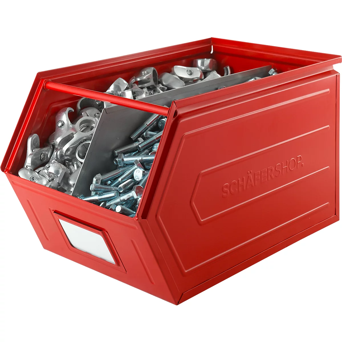 Schäfer Shop Select magazijnbak met open voorzijde, met draagbeugel, L 550 x B 307 x H 298 mm, 40 l, 150 kg, staal, RAL 3000 (vuurrood)