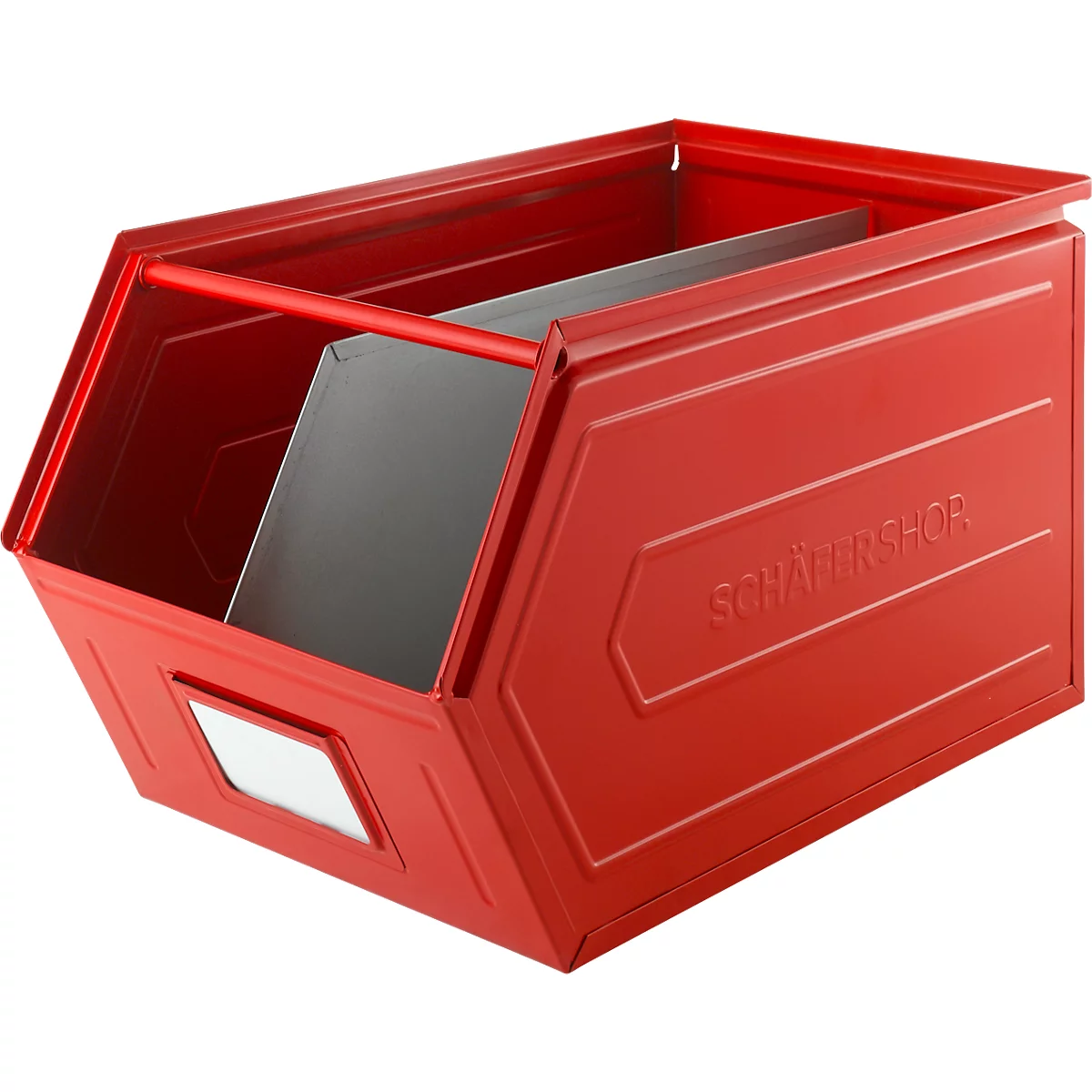 Schäfer Shop Select magazijnbak met open voorzijde, met draagbeugel, L 550 x B 307 x H 298 mm, 40 l, 150 kg, staal, RAL 3000 (vuurrood)
