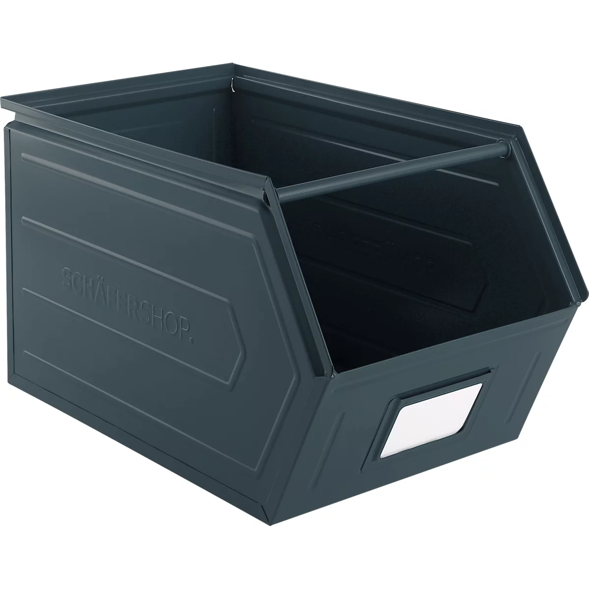 Schäfer Shop Select magazijnbak met open voorzijde, met draagbeugel, L 550 x B 307 x H 298 mm, 40 l, 150 kg, staal, RAL 5008 (grijsblauw)