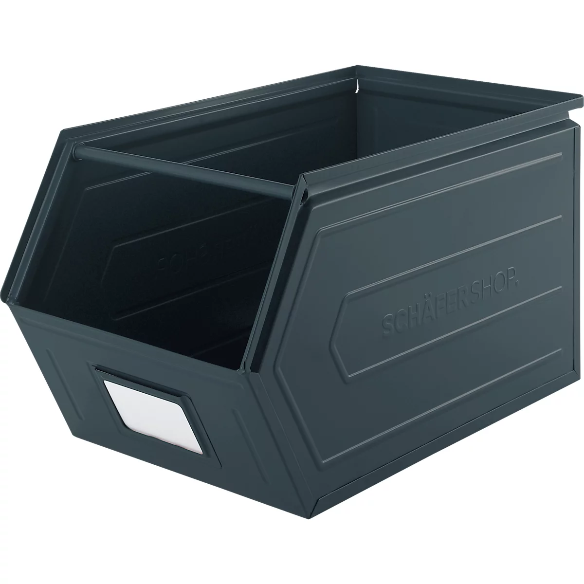 Schäfer Shop Select magazijnbak met open voorzijde, met draagbeugel, L 550 x B 307 x H 298 mm, 40 l, 150 kg, staal, RAL 5008 (grijsblauw)