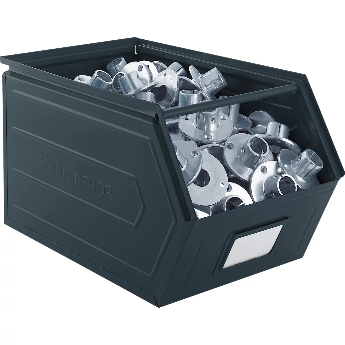 Schäfer Shop Select magazijnbak met open voorzijde, met draagbeugel, L 550 x B 307 x H 298 mm, 40 l, 150 kg, staal, RAL 5008 (grijsblauw)
