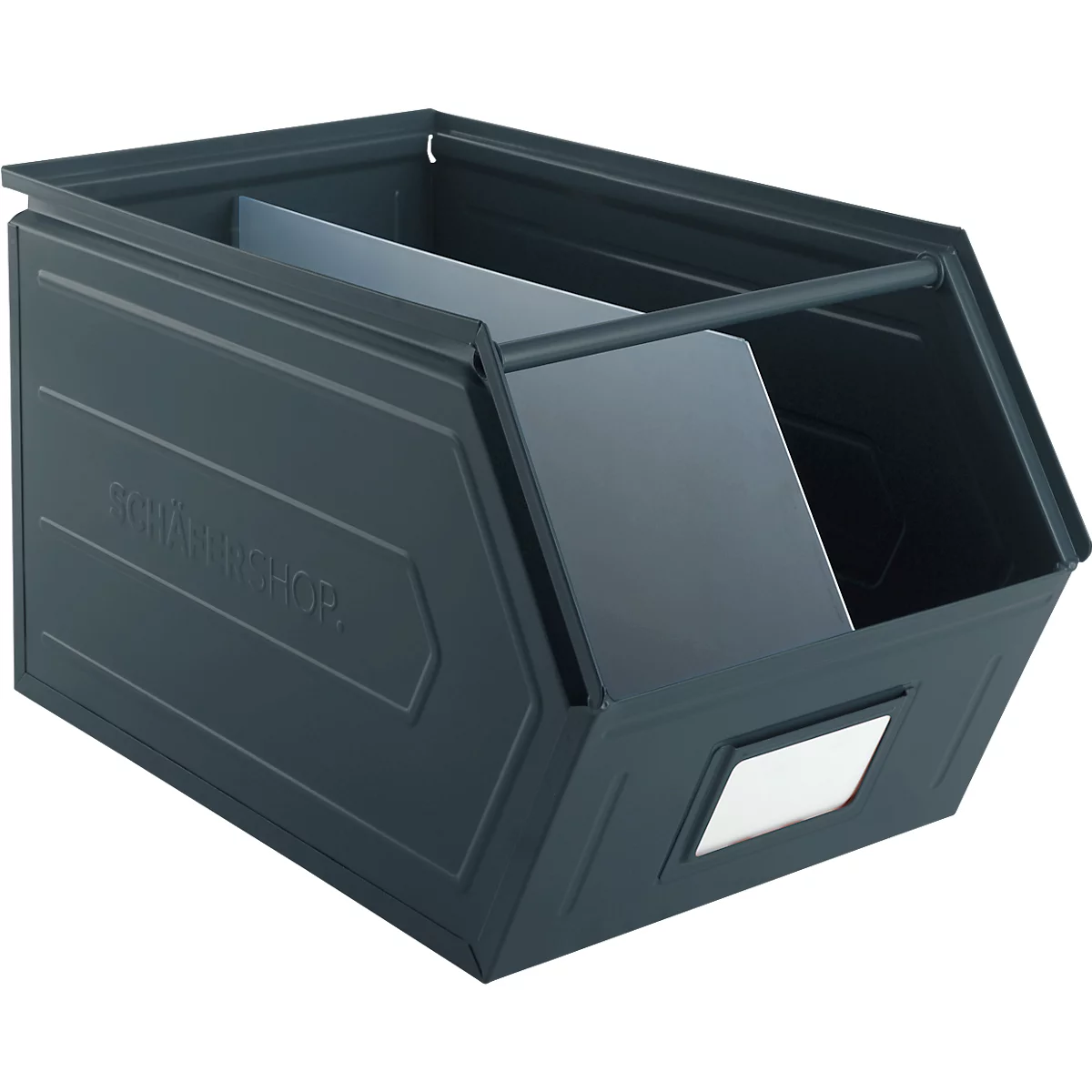 Schäfer Shop Select magazijnbak met open voorzijde, met draagbeugel, L 550 x B 307 x H 298 mm, 40 l, 150 kg, staal, RAL 5008 (grijsblauw)
