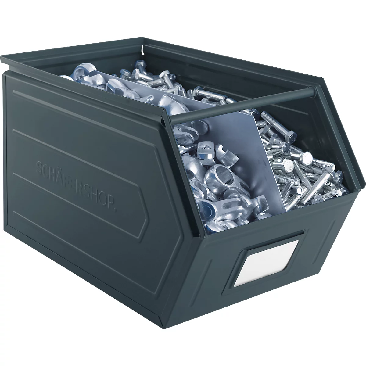 Schäfer Shop Select magazijnbak met open voorzijde, met draagbeugel, L 550 x B 307 x H 298 mm, 40 l, 150 kg, staal, RAL 5008 (grijsblauw)