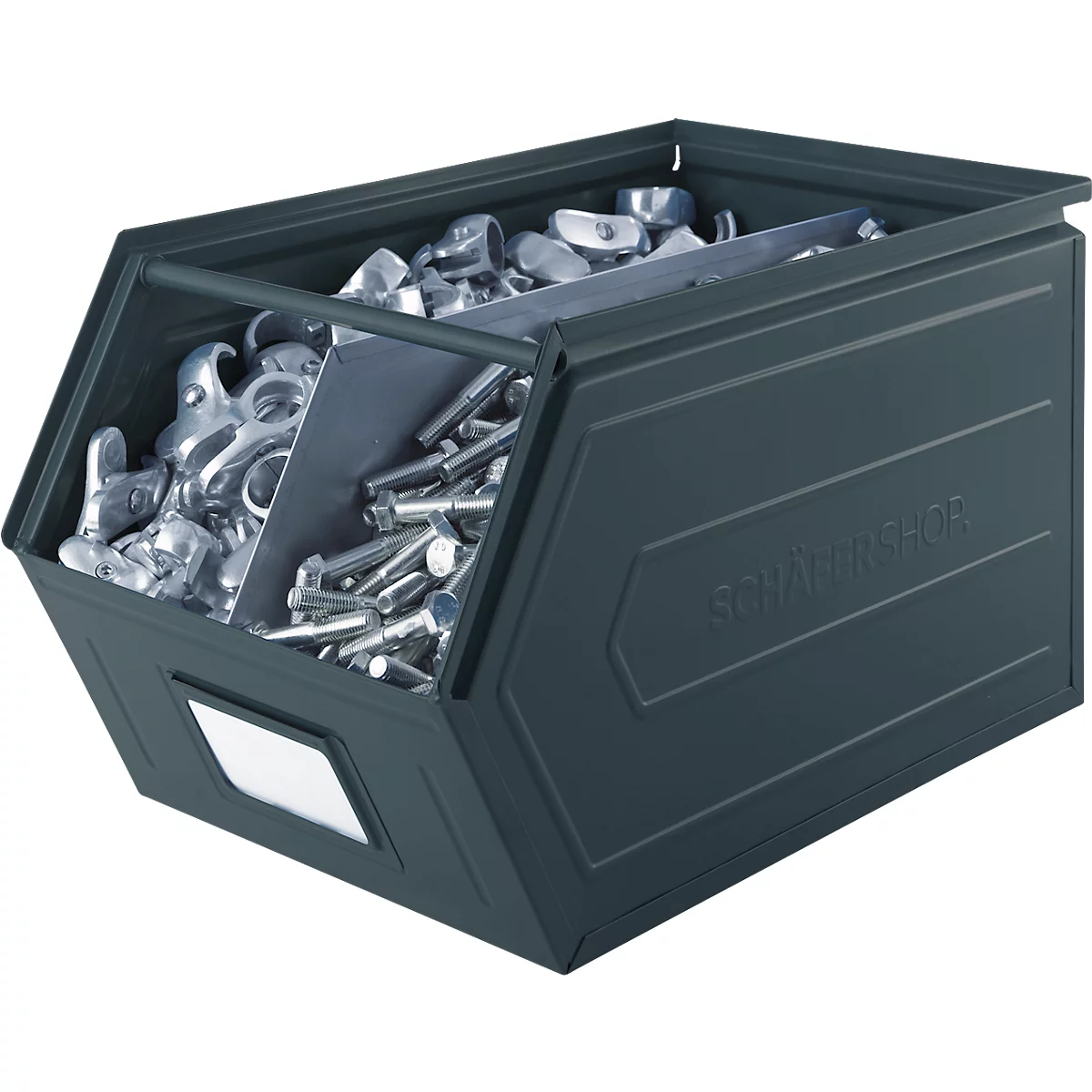 Schäfer Shop Select magazijnbak met open voorzijde, met draagbeugel, L 550 x B 307 x H 298 mm, 40 l, 150 kg, staal, RAL 5008 (grijsblauw)