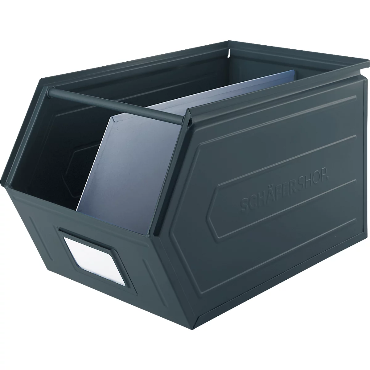 Schäfer Shop Select magazijnbak met open voorzijde, met draagbeugel, L 550 x B 307 x H 298 mm, 40 l, 150 kg, staal, RAL 5008 (grijsblauw)