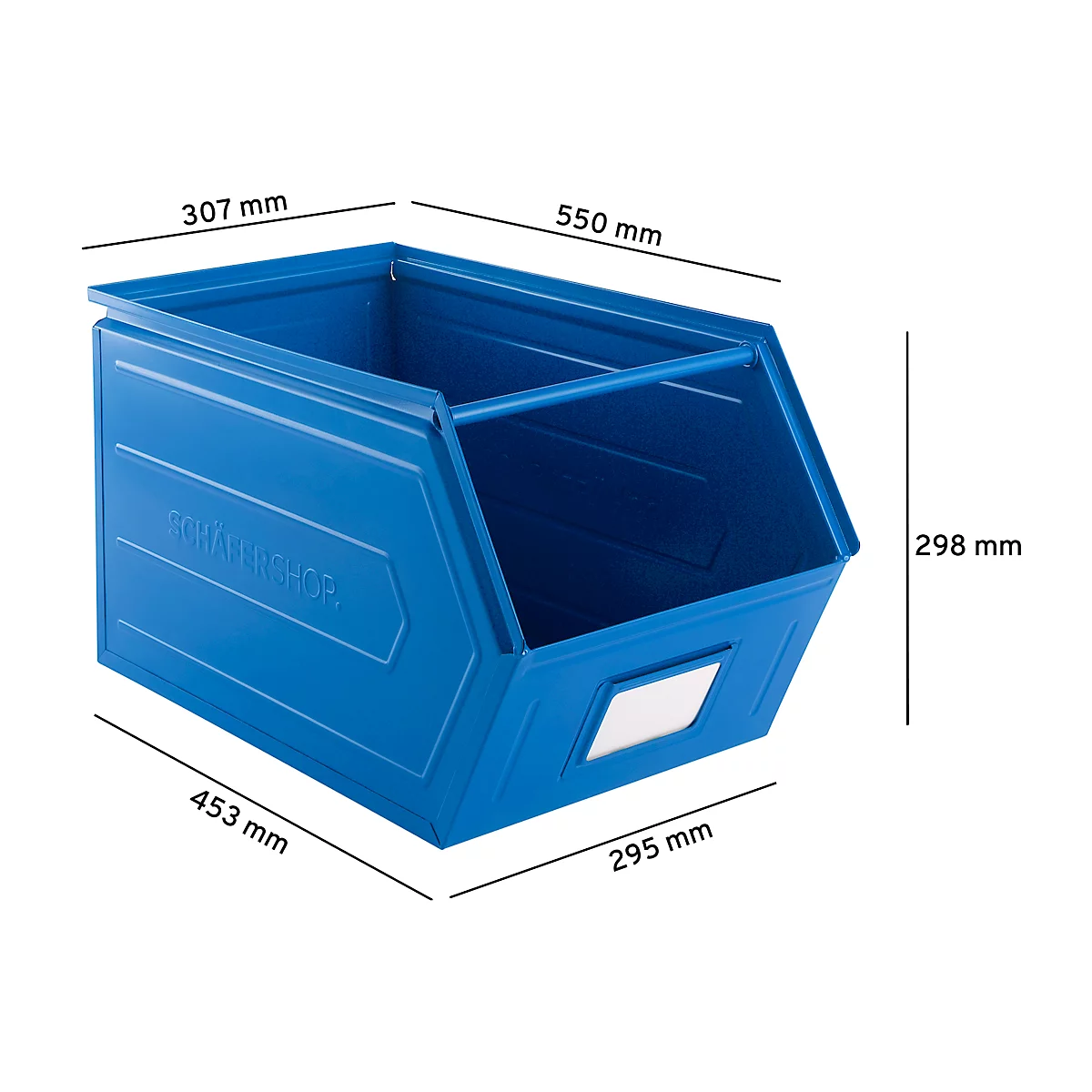 Schäfer Shop Select magazijnbak met open voorzijde, met draagbeugel, L 550 x B 307 x H 298 mm, 40 l, 150 kg, staal, RAL 5015 (hemelsblauw)