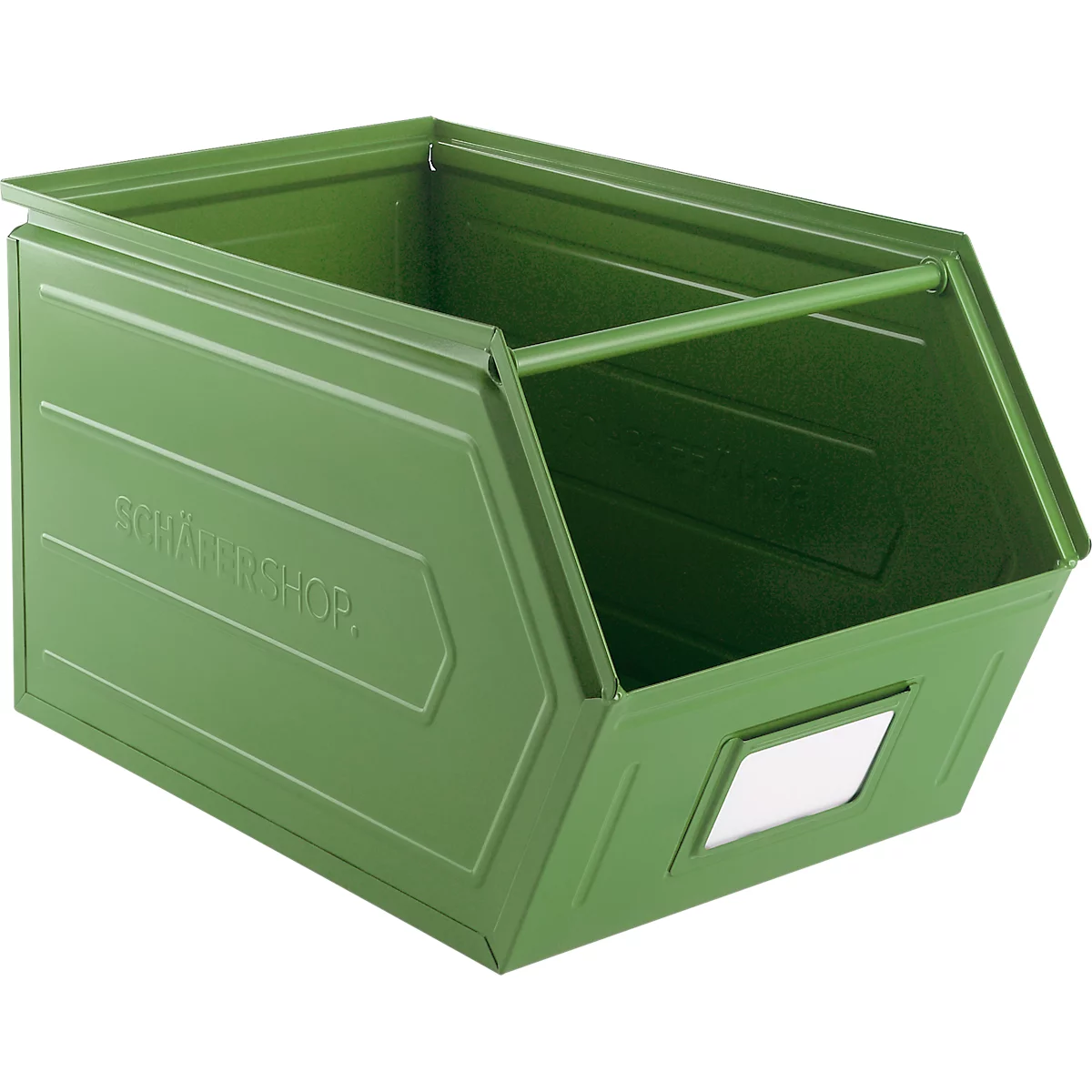 Schäfer Shop Select magazijnbak met open voorzijde, met draagbeugel, L 550 x B 307 x H 298 mm, 40 l, 150 kg, staal, RAL 6011 (resada groen)