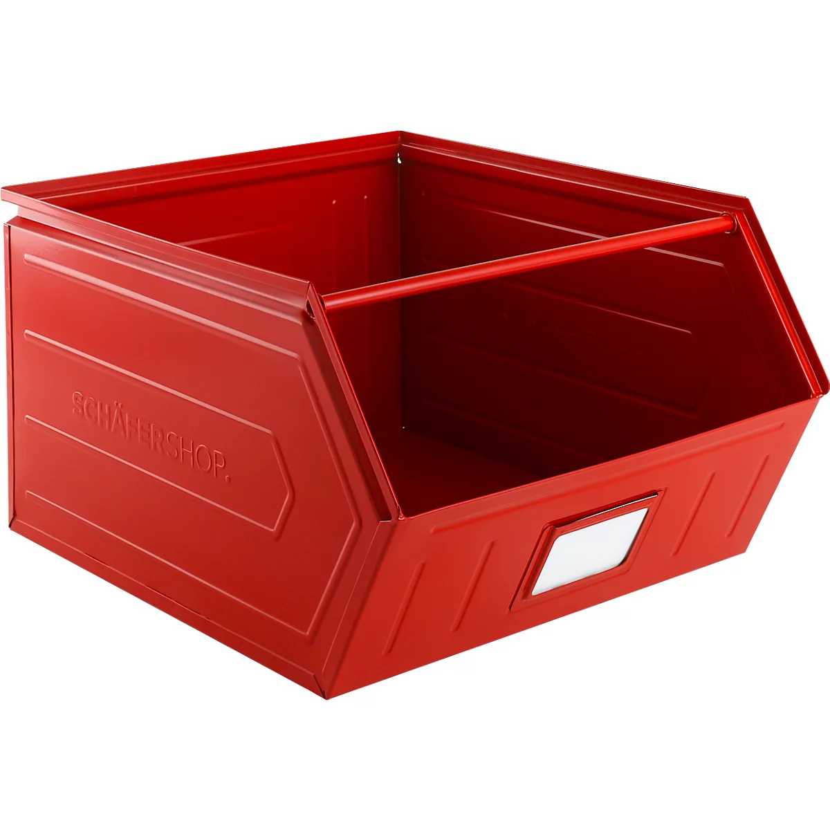 Schäfer Shop Select magazijnbak met open voorzijde, met draagbeugel, L 550 x B 458 x H 300 mm, 60 l, 130 kg, staal, RAL 3000 (vuurrood)