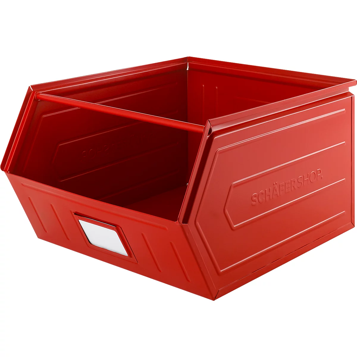 Schäfer Shop Select magazijnbak met open voorzijde, met draagbeugel, L 550 x B 458 x H 300 mm, 60 l, 130 kg, staal, RAL 3000 (vuurrood)