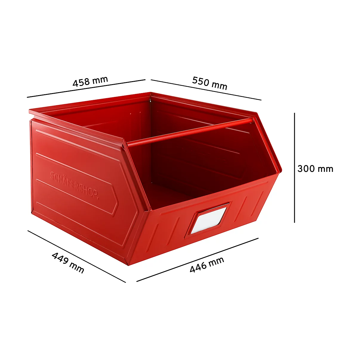 Schäfer Shop Select magazijnbak met open voorzijde, met draagbeugel, L 550 x B 458 x H 300 mm, 60 l, 130 kg, staal, RAL 3000 (vuurrood)