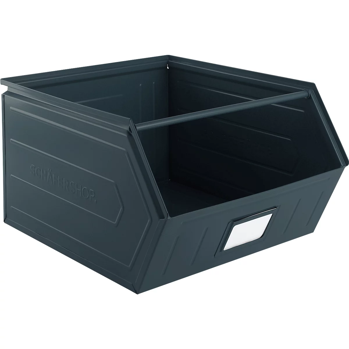 Schäfer Shop Select magazijnbak met open voorzijde, met draagbeugel, L 550 x B 458 x H 300 mm, 60 l, 130 kg, staal, RAL 5008 (grijsblauw)