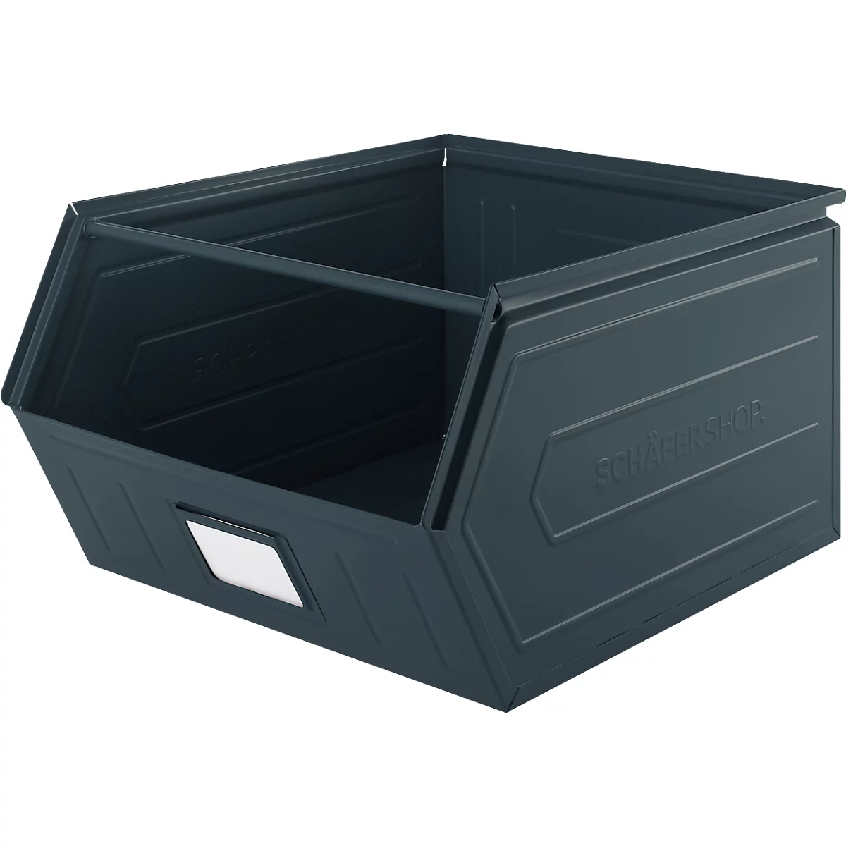 Schäfer Shop Select magazijnbak met open voorzijde, met draagbeugel, L 550 x B 458 x H 300 mm, 60 l, 130 kg, staal, RAL 5008 (grijsblauw)