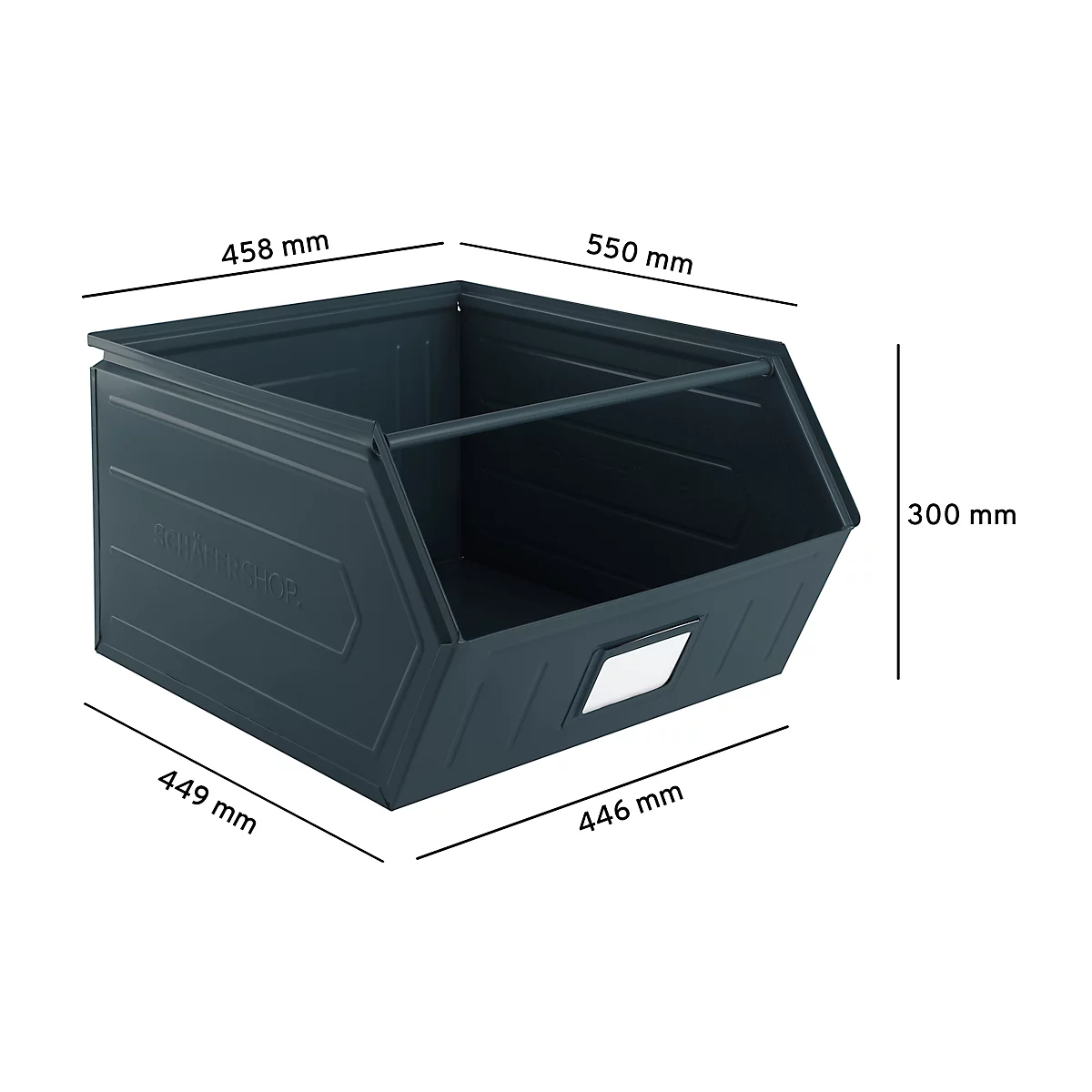 Schäfer Shop Select magazijnbak met open voorzijde, met draagbeugel, L 550 x B 458 x H 300 mm, 60 l, 130 kg, staal, RAL 5008 (grijsblauw)