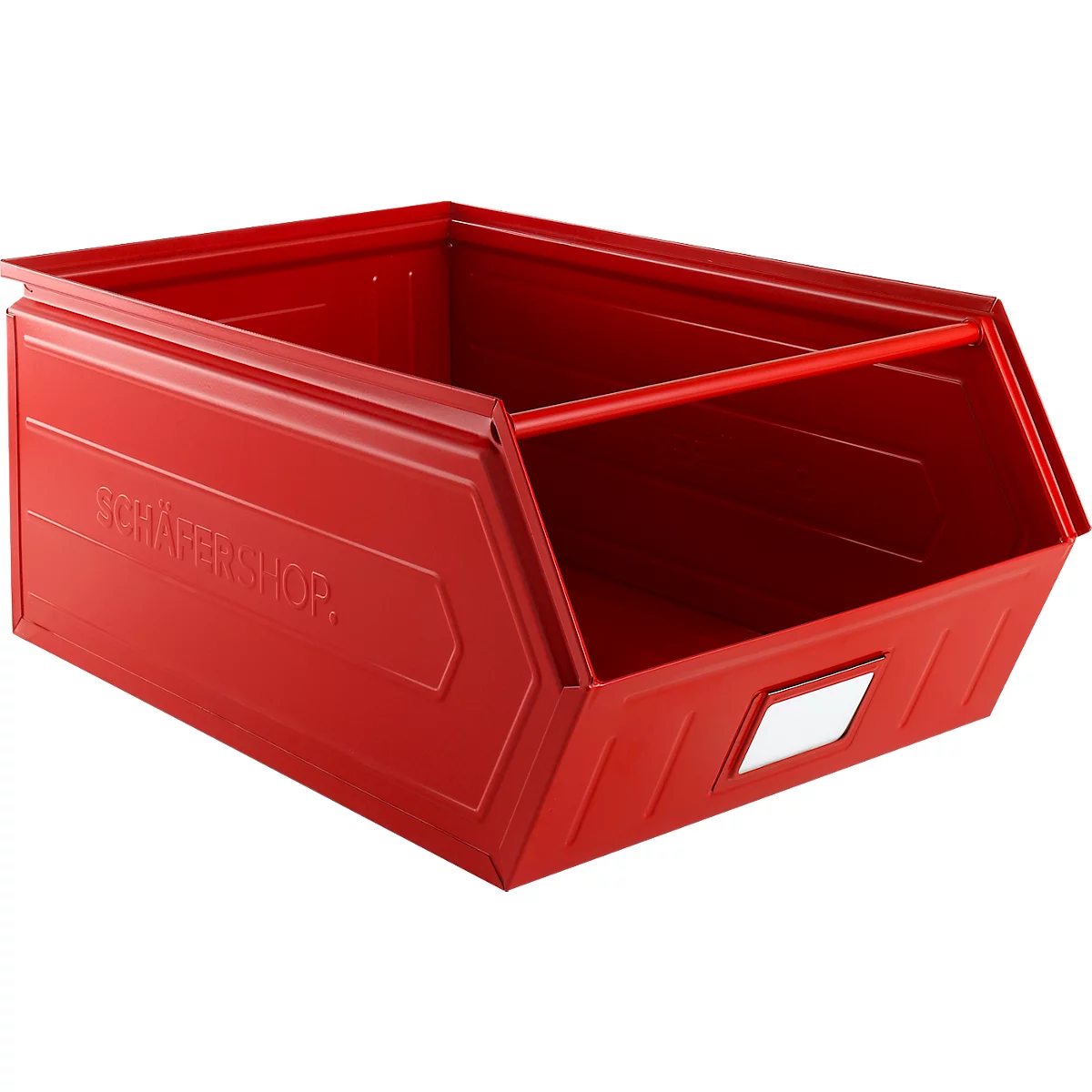Schäfer Shop Select magazijnbak met open voorzijde, met draagbeugel, L 732 x B 459 x H 300 mm, 84 l, 180 kg, staal, RAL 3000 (vuurrood)