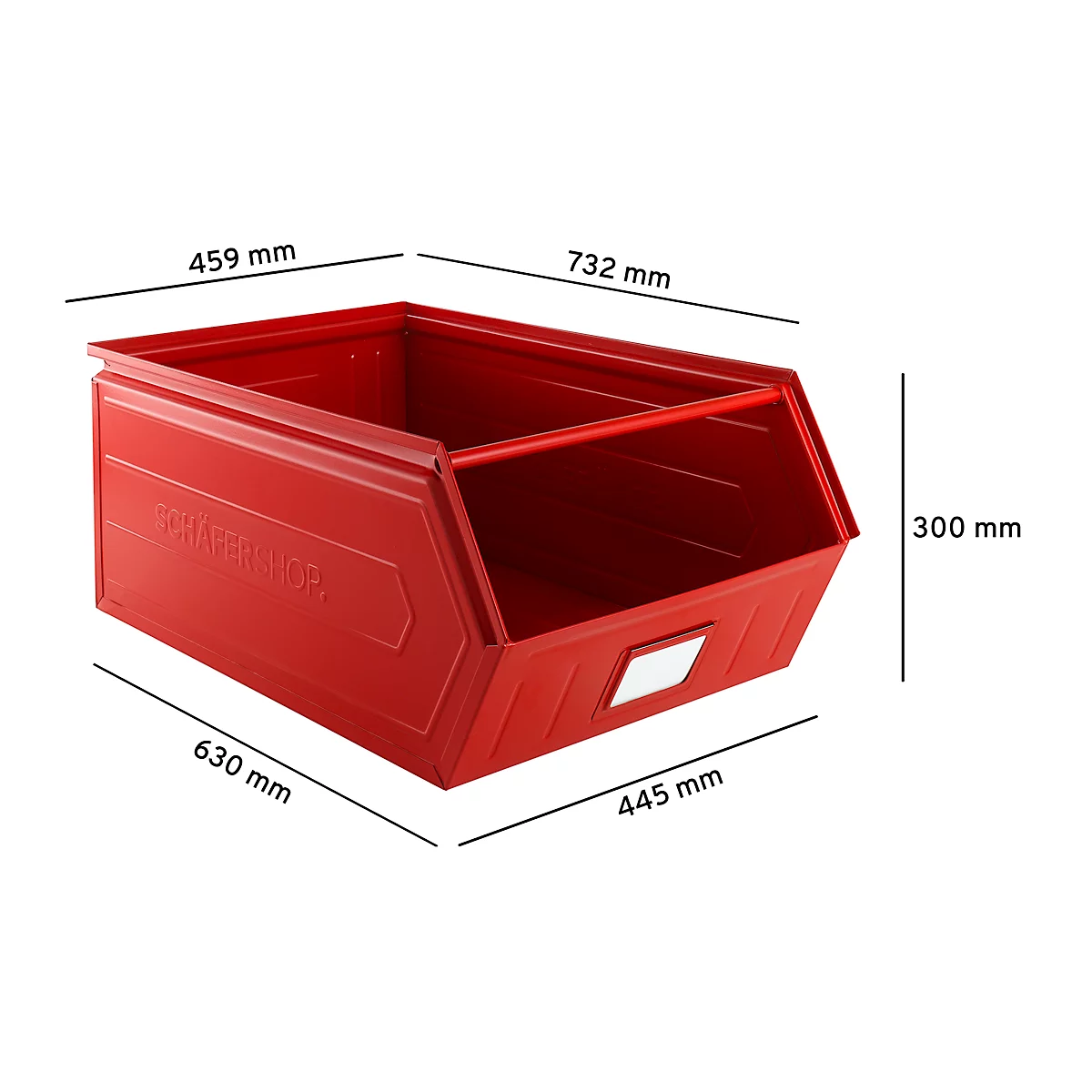 Schäfer Shop Select magazijnbak met open voorzijde, met draagbeugel, L 732 x B 459 x H 300 mm, 84 l, 180 kg, staal, RAL 3000 (vuurrood)