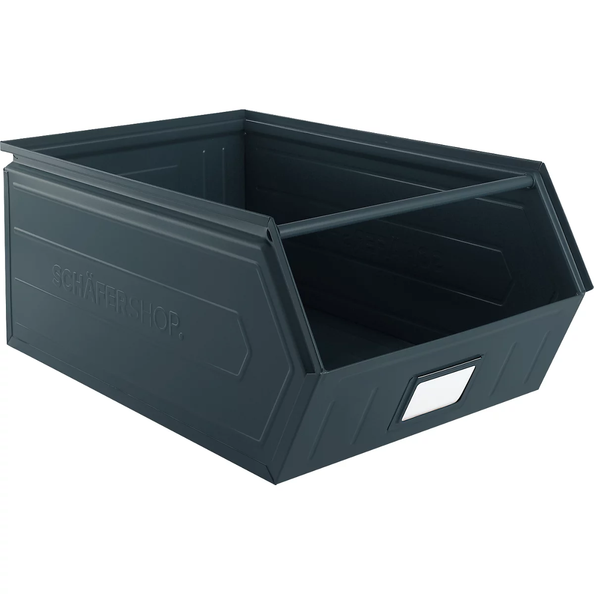 Schäfer Shop Select magazijnbak met open voorzijde, met draagbeugel, L 732 x B 459 x H 300 mm, 84 l, 180 kg, staal, RAL 5008 (grijsblauw)