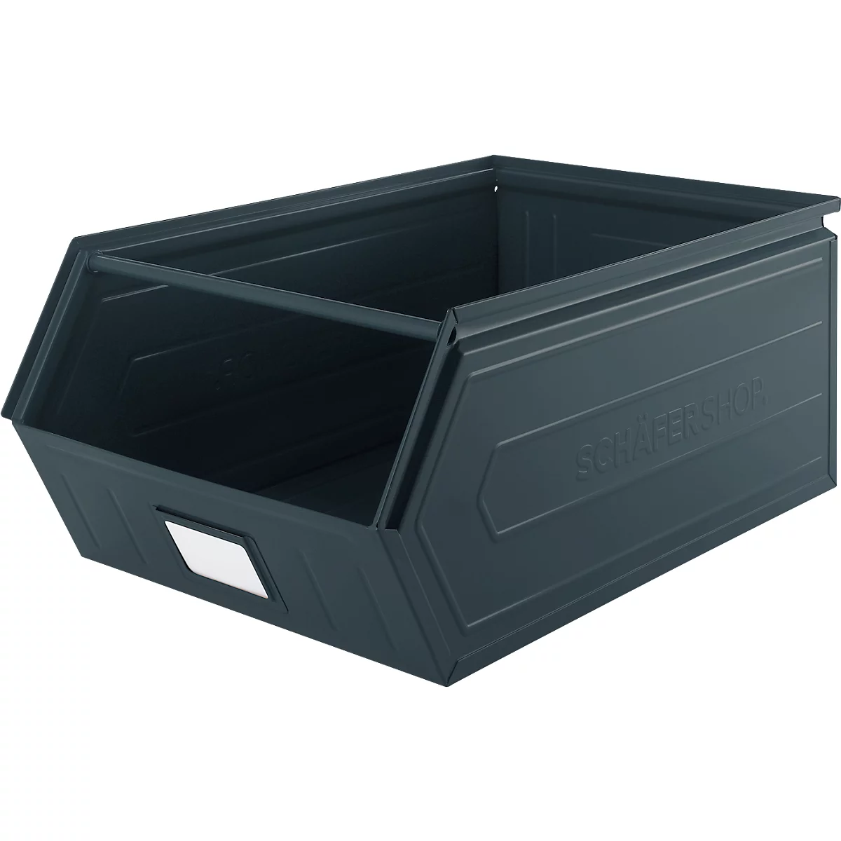Schäfer Shop Select magazijnbak met open voorzijde, met draagbeugel, L 732 x B 459 x H 300 mm, 84 l, 180 kg, staal, RAL 5008 (grijsblauw)