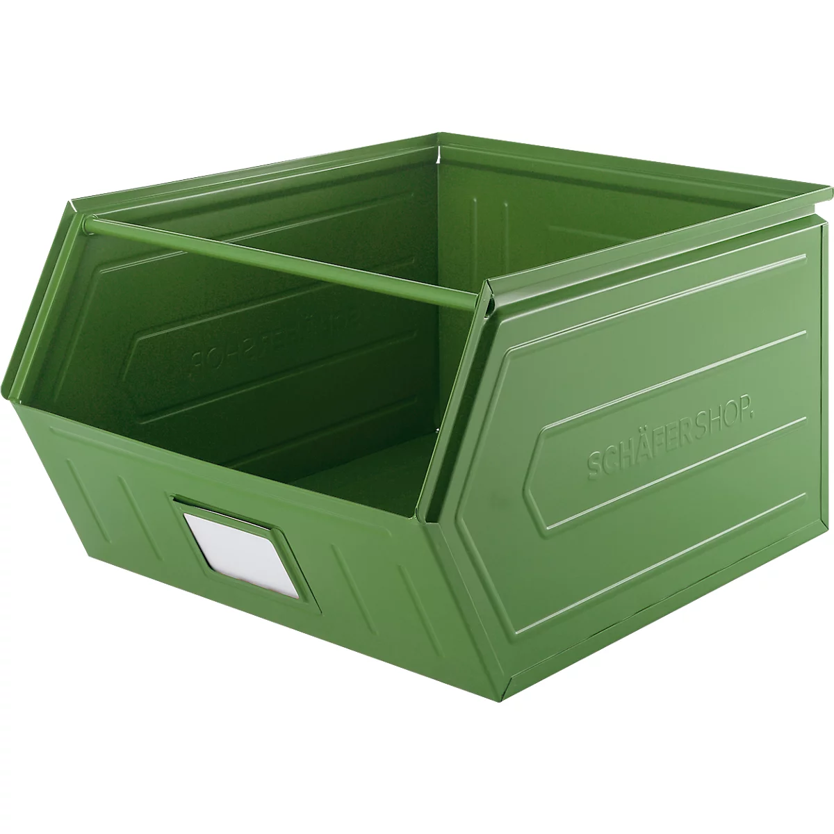 Schäfer Shop Select magazijnbak met open voorzijde, met steunbeugel, L 550 x B 458 x H 300 mm, 60 l, 130 kg, staal, RAL 6011 (resada groen)