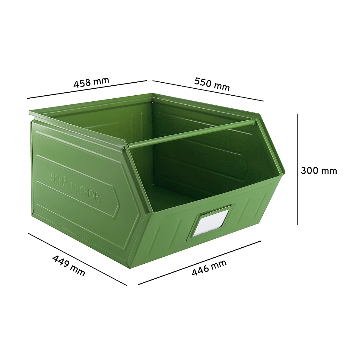 Schäfer Shop Select magazijnbak met open voorzijde, met steunbeugel, L 550 x B 458 x H 300 mm, 60 l, 130 kg, staal, RAL 6011 (resada groen)