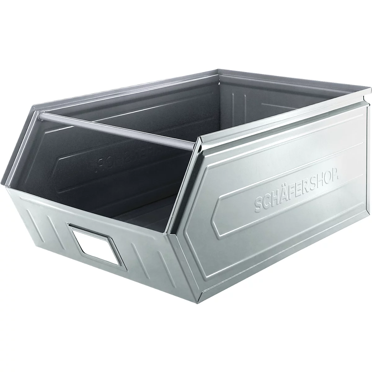 Grijze metalen doos, met handvathoogte en de inscriptie SCHÄFERSHOP.
