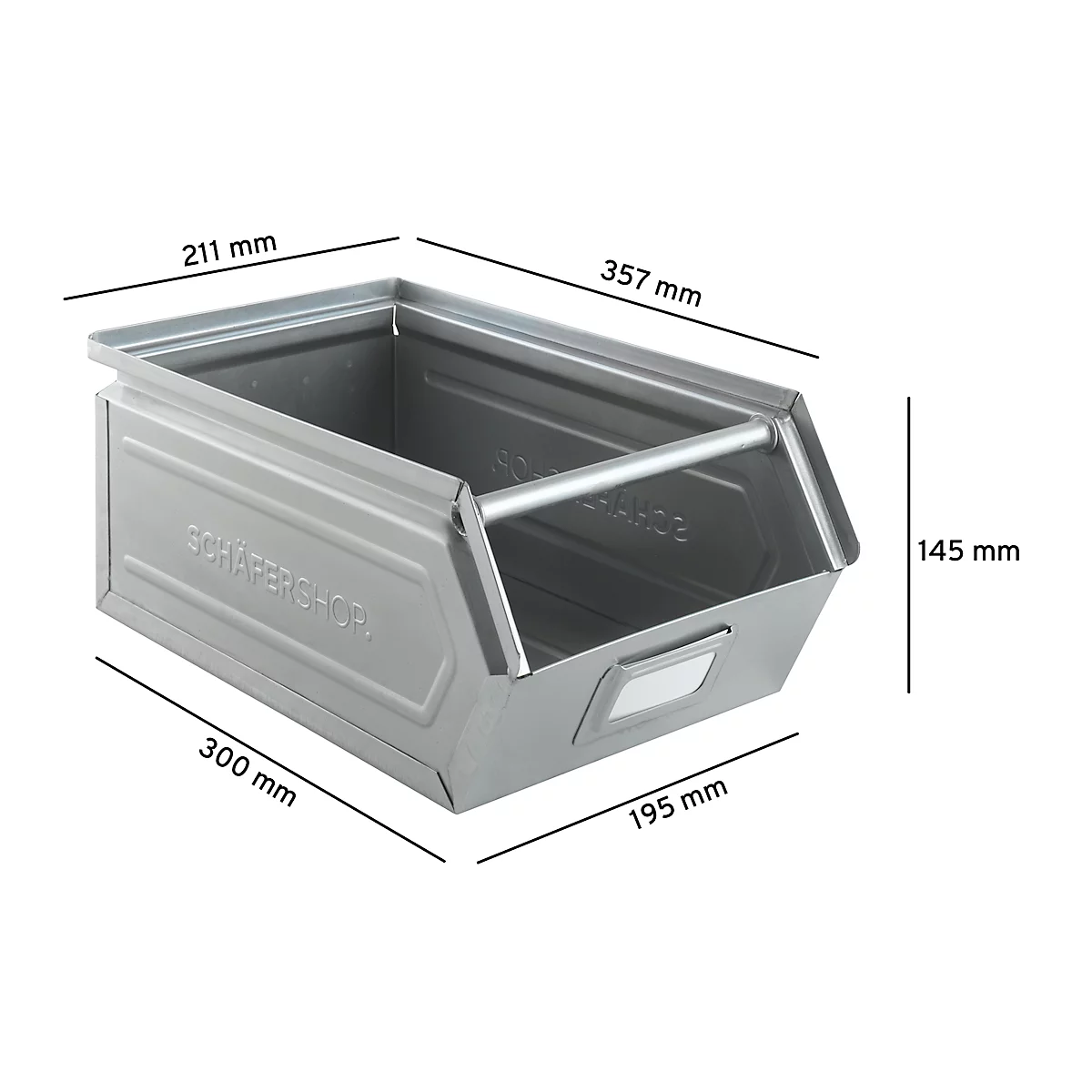 Schäfer Shop Select magazijnemmer met open voorzijde en draagbeugel, staal, L 361 x B 211 x H 145 mm, 8,5 l, 60 kg, elektrolytisch verzinkt