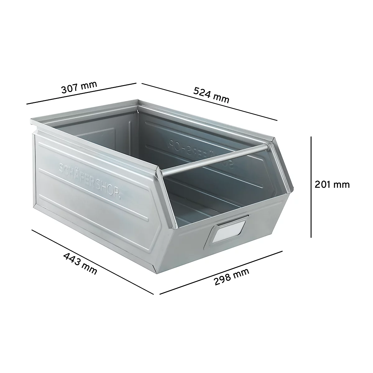 Schäfer Shop Select magazijnemmer met open voorzijde, met draagbeugel, L 524 x B 307 x H 201 mm, 26 l, 120 kg, staal, gegalvaniseerd