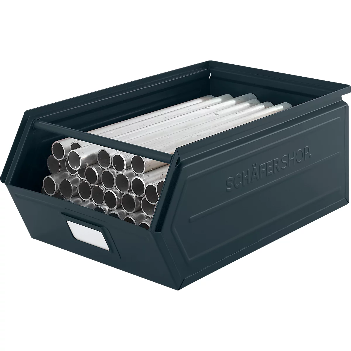 Schäfer Shop Select magazijnemmer met open voorzijde, met draagbeugel, L 524 x B 307 x H 201 mm, 26 l, 120 kg, staal, RAL 5008 (grijsblauw)